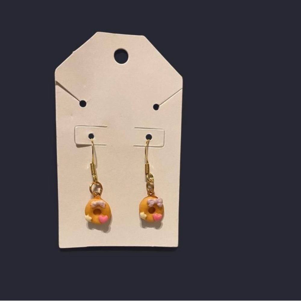 Gold-Tone Donut Charm Drop Earrings with Pink Heart Accent